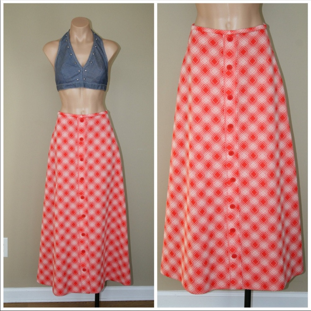 Vintage 70s Check Plaid Skirt A-Line Maxi Skirt XS - Picture 2 of 5